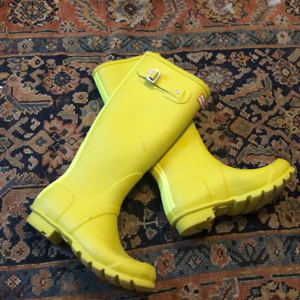 Chartreuse Tall Hunter Rainboots with neon stripe